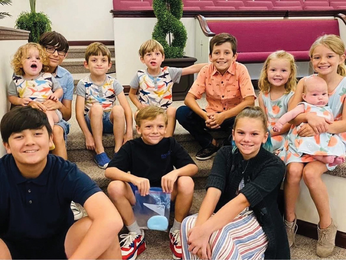 Back row: Aidan Hayes, Jackson Morgan, Addy Morgan, along with their siblings; front row; Andrew and Sadie Buckley with their younger brother (younger brother and siblings not in the class)
